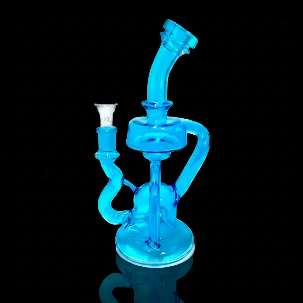 Blue glass NEON ARCH RECYCLER DAB RIG 10-inch with unique design and efficient filtration system for optimal flavor extraction.