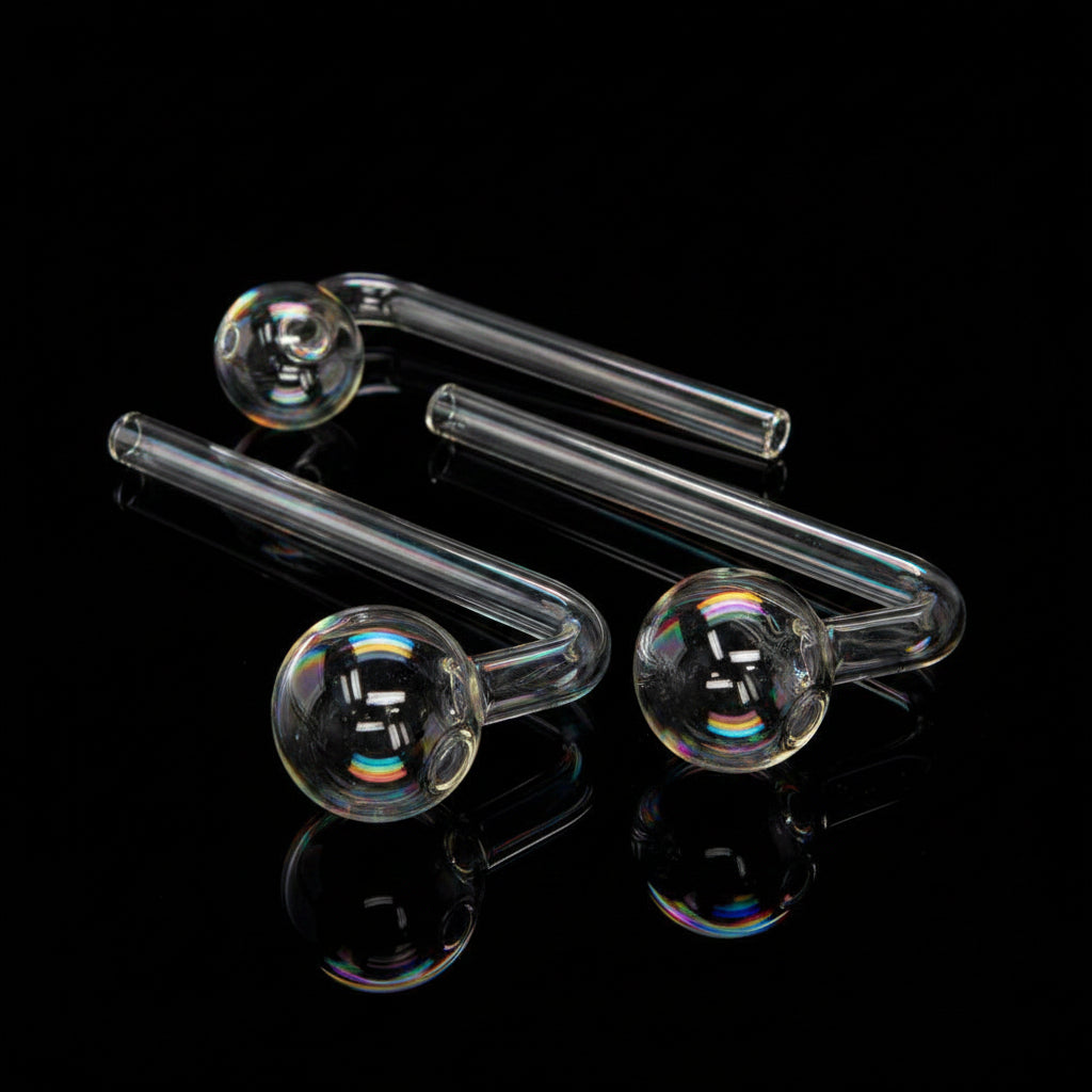6-inch L-shaped bent oil burners, 5-pack, glass, aromatherapy tools on blue background.
