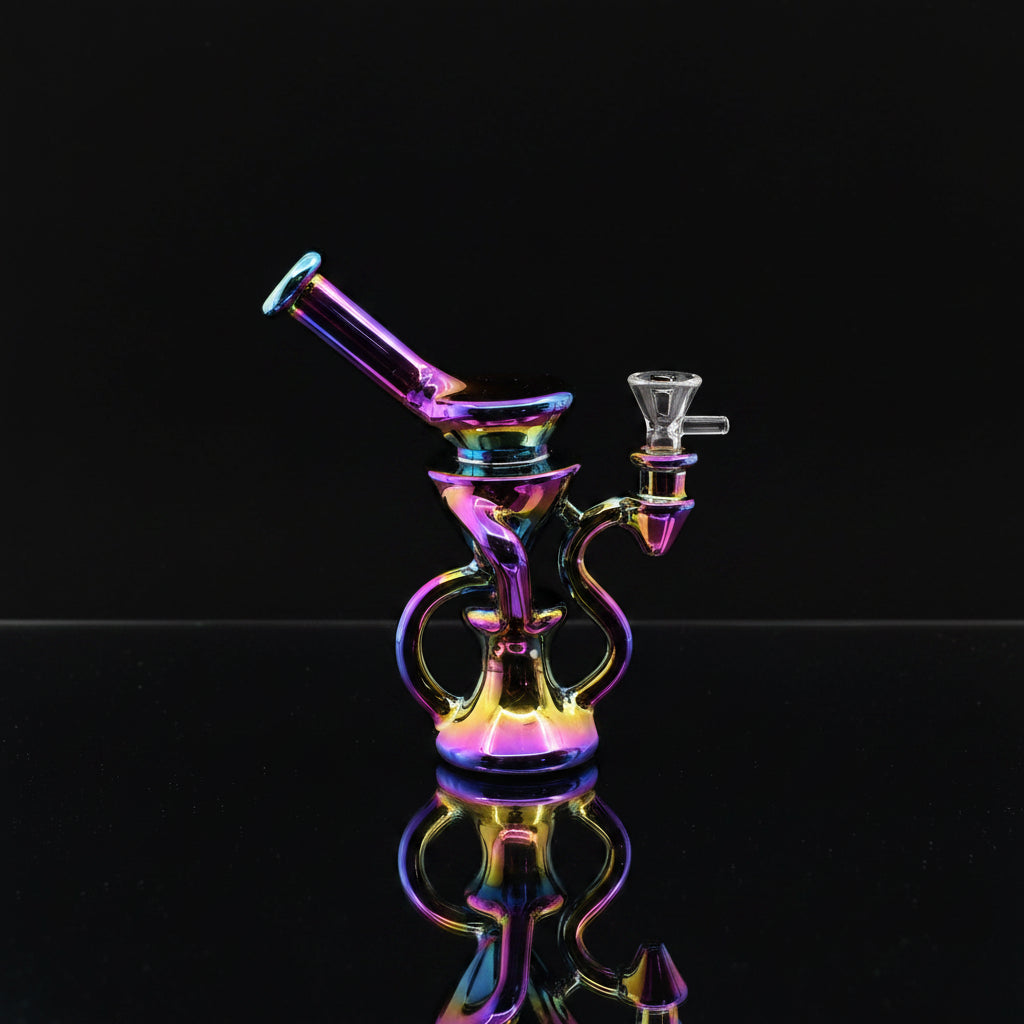 8" metallic recycler dab rig with dual-chamber system for concentrates.