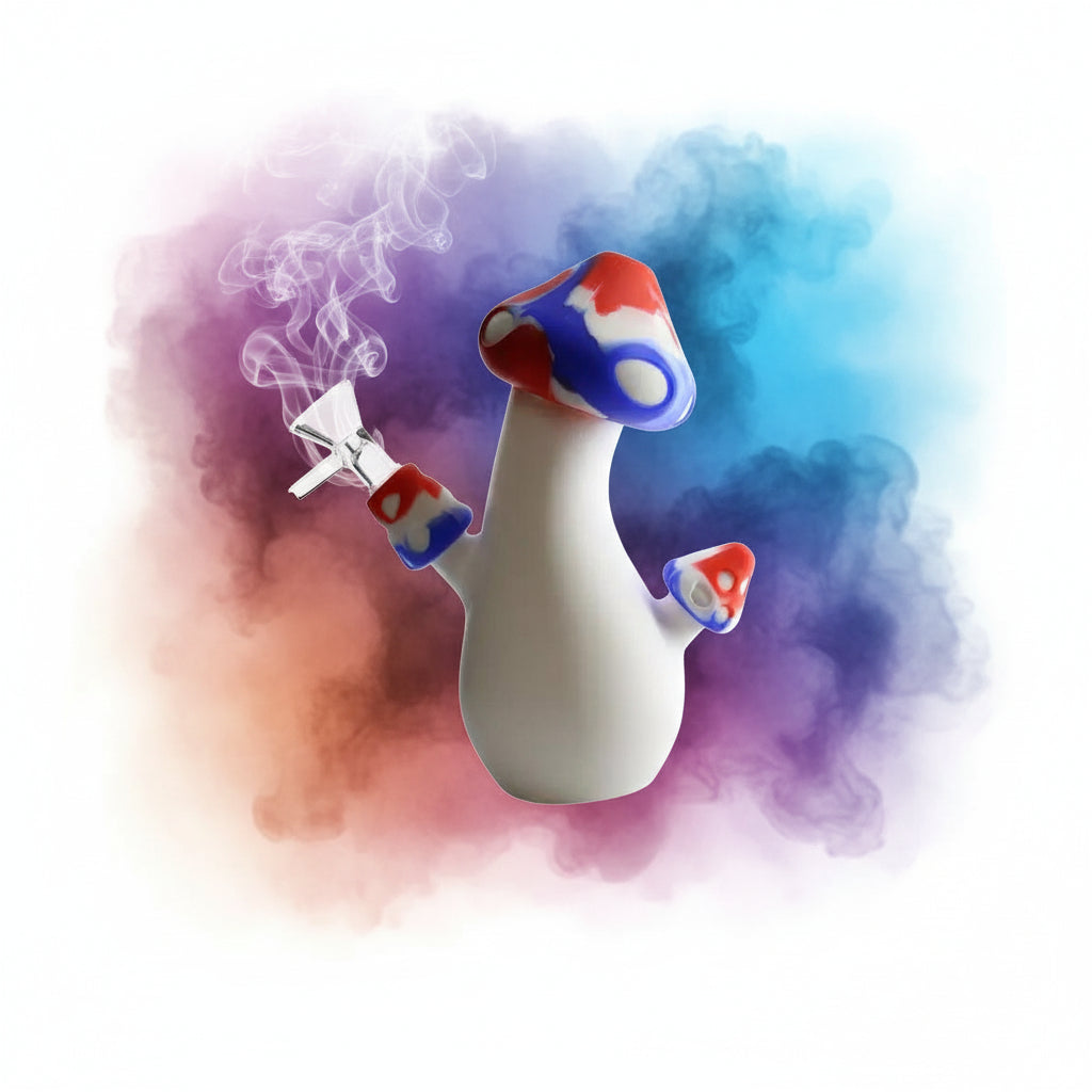 6.5" silicone mushroom pipe with glass bowl, durable and portable smoking accessory.