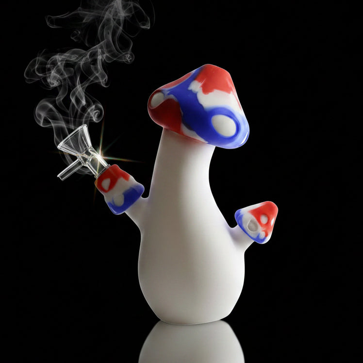6.5" silicone mushroom pipe with glass bowl, durable and portable smoking accessory.