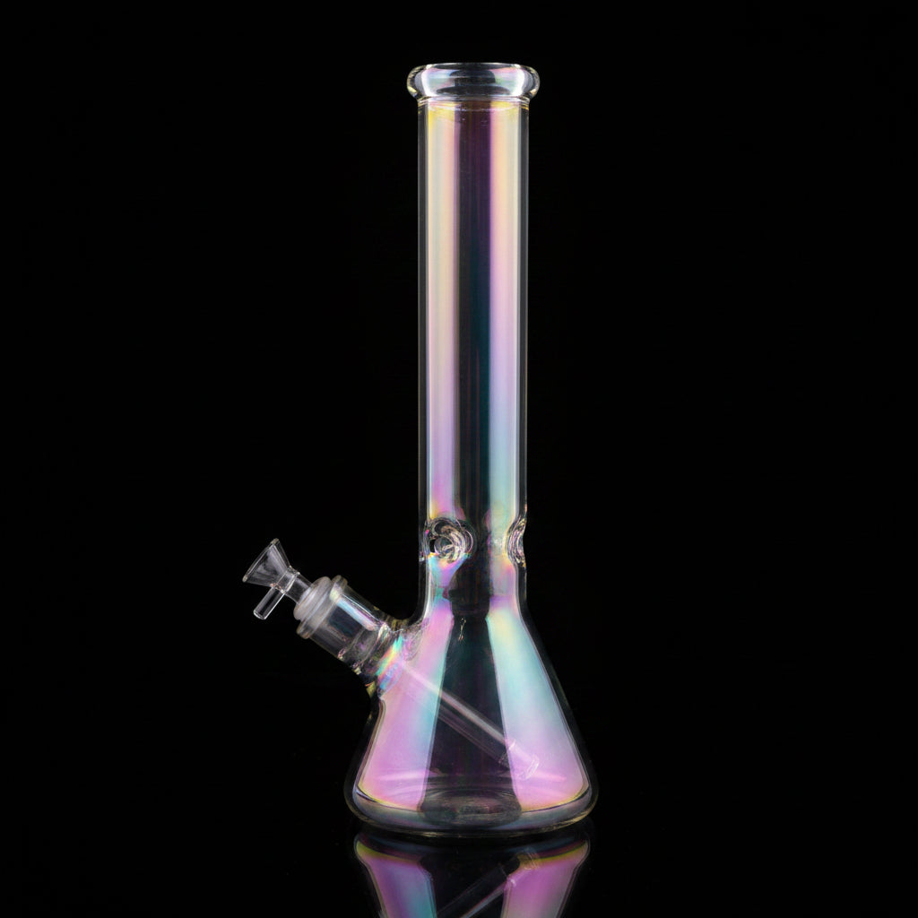 14" heavy thick iridescent glass beaker bong with kaleidoscope eyes design.