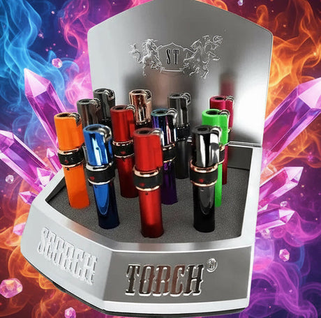 Scorch Torch Lighter 4" Flint and Glass Oil Burner Bubbler Pipe display.