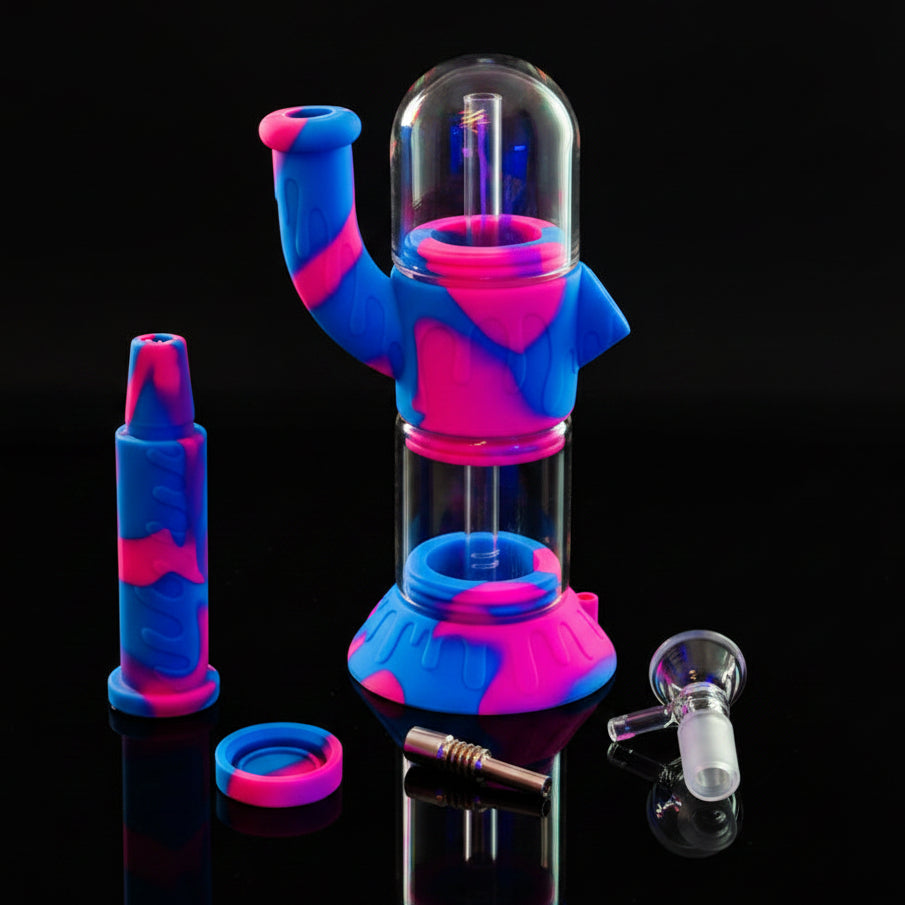 Colorful smoking device with accessories on a white background