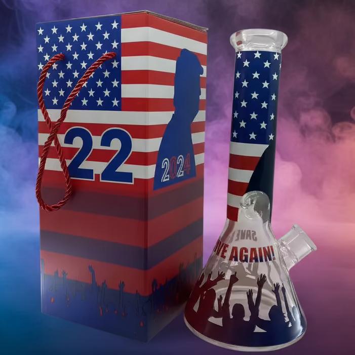 Trump 2024 Bong Box 12" with Save America Again design, featuring patriotic American flag motif and durable glass construction.