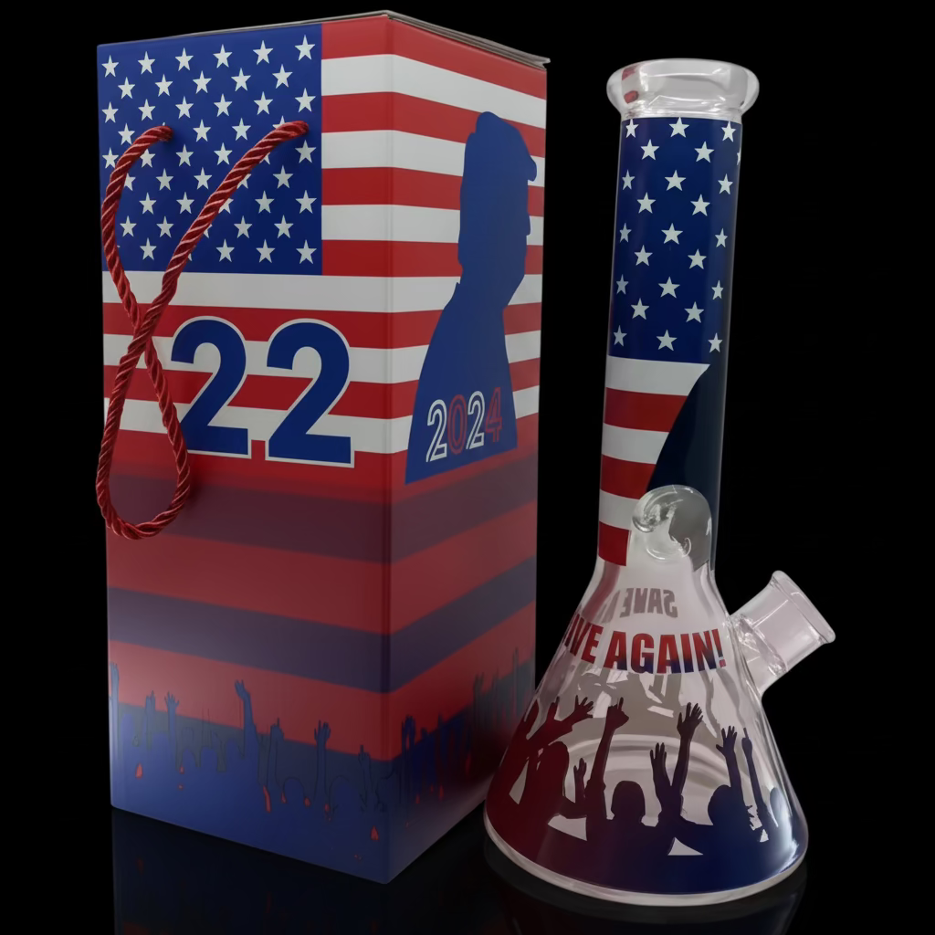 Trump 2024 Bong Box 12" with Save America Again design, featuring patriotic American flag motif and durable glass construction.