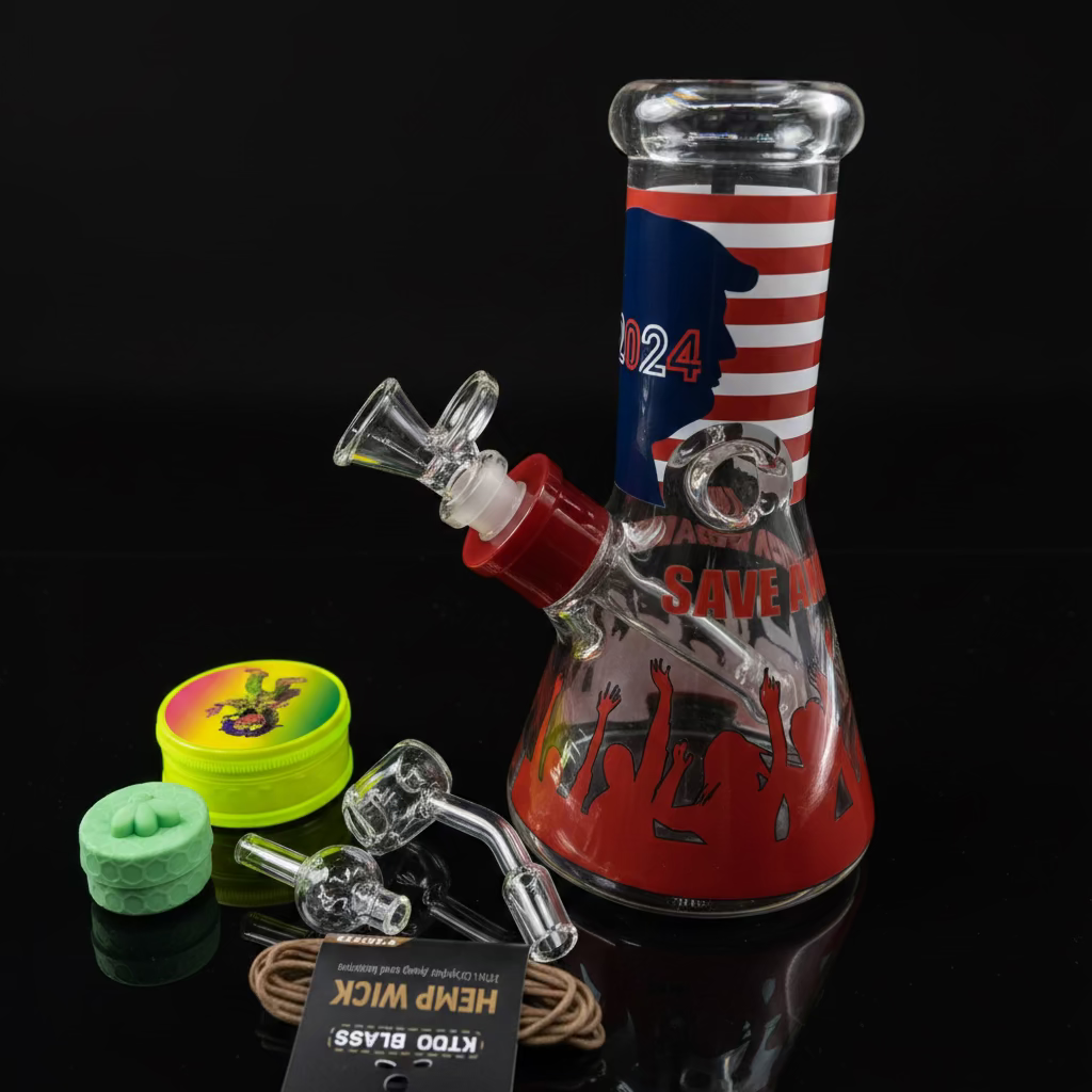 Trump 2024 Bong Box with beach background, featuring an 8-Inch Trump-themed bong, plastic grinder, silicone container, quartz banger, hemp wick, carb cap, downstem, ball & metal dabber.