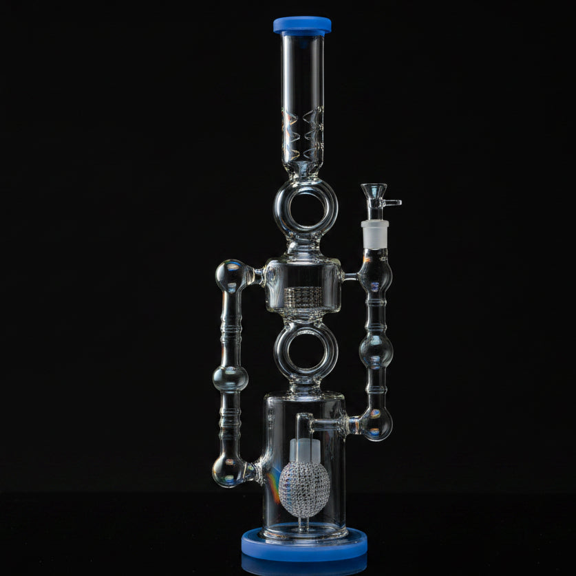 22" dual perc recycler style glass water pipe bong with blue accents, featuring a high-quality design for smooth hits.