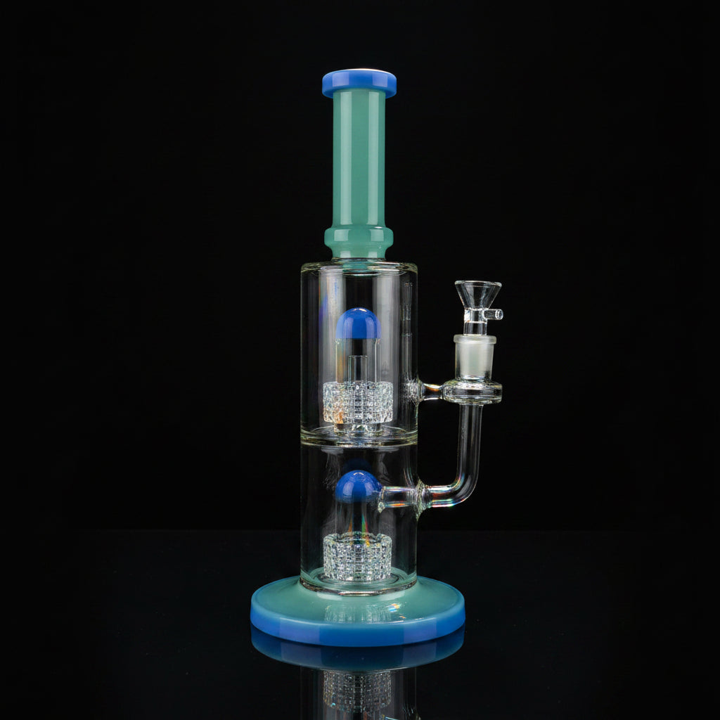 12" double chambered double bullet perc water straight pipe with dome percolator and colored accents.