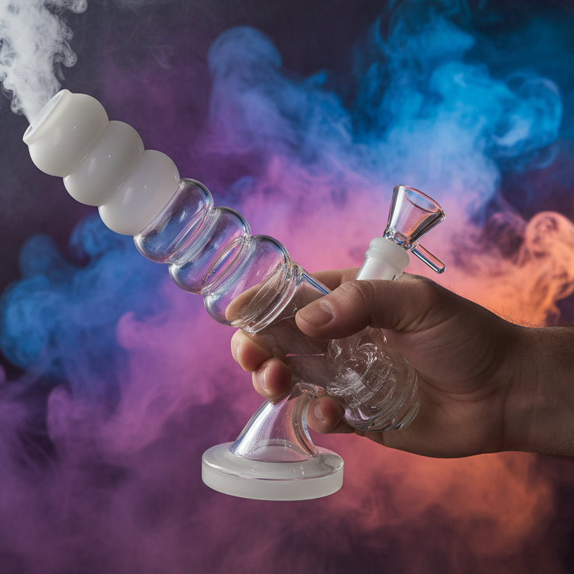 Colored showerhead perc water pipe rig with vibrant design, 8.5 inches tall, offering smooth diffusion and portability.