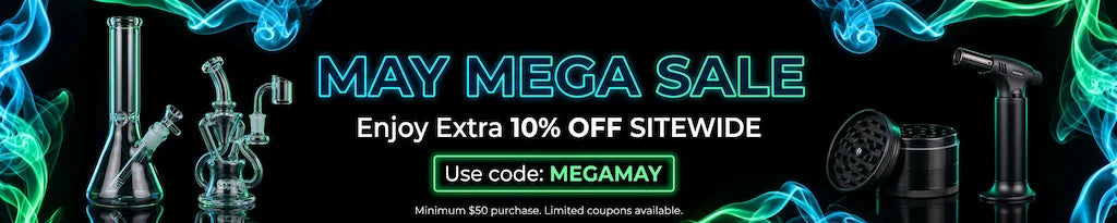 Promotional banner for a May Mega Sale with smoking accessories and a discount code.