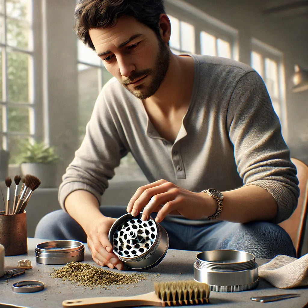 A man was cleaning his weed grinders.