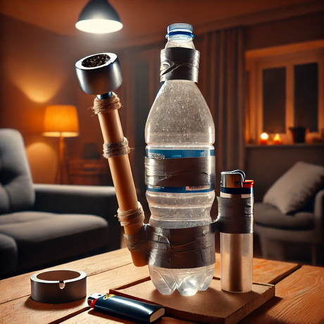 A home made water bong on a table .there are also tape lighter on the table.