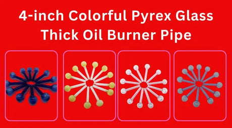 4 image of diffirent color pipe and a heading that was 4-inch colorful pyrex glass thick oil Burner Pipe and the background of the image is Red