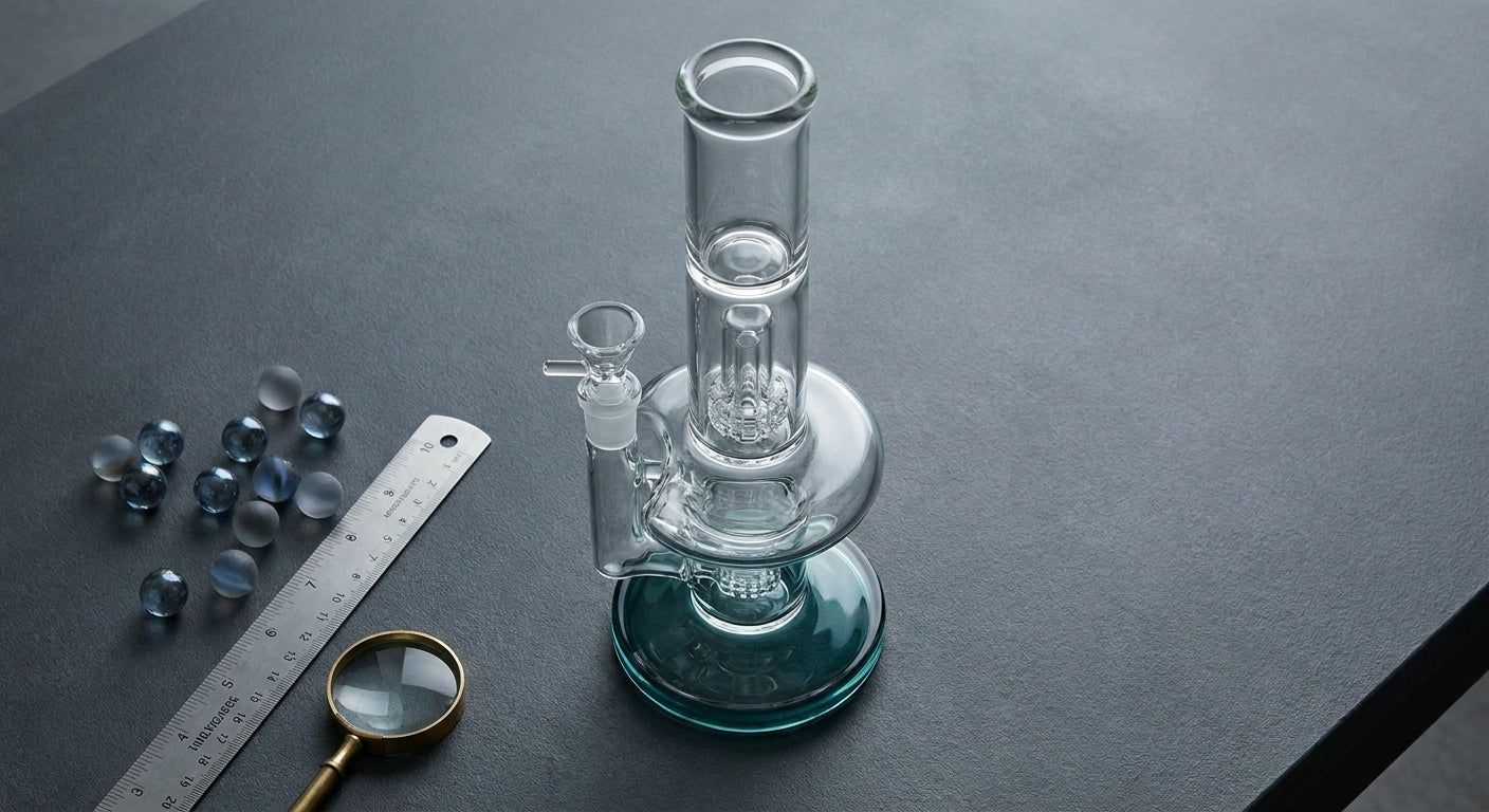 A clear glass bong displayed on a clean surface alongside a magnifying glass and glass marbles, styled in a crisp editorial flat-lay composition with cool blue and charcoal tones.