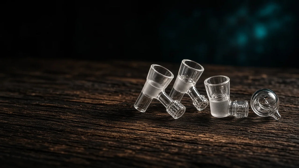 Three quartz bangers and a bubble carb cap on a dark wooden table
