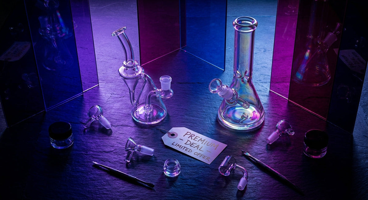 A curated flat-lay of premium glass dab rigs and bongs dramatically lit with purple and blue lighting on a dark slate surface.