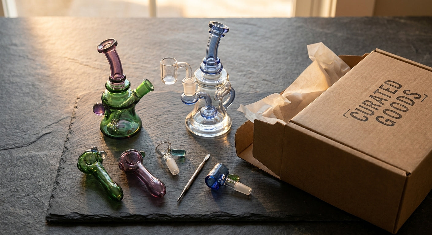 A flat lay of colorful premium glass smoking accessories arranged around an open mystery box on a dark slate surface with warm studio lighting.