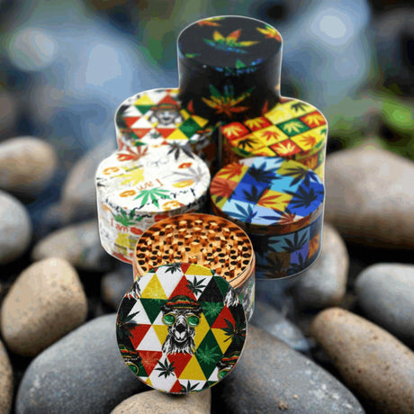 100 mm 4 Part Multi Color Grinder with vibrant graphics and durable design displayed on rocks.