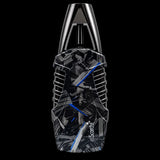 A handheld electronic device with a black and dark gray geometric patterned body, accented by blue lines and a silver metallic top, shown on a plain white background.