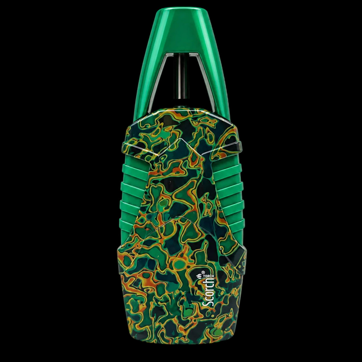 A handheld electronic device with a bright green top handle and ribbed green side grips, featuring a dark green, black, and orange abstract camouflage pattern on the main body. The brand name 'Scout' is visible in white text on the lower right of the patterned section.