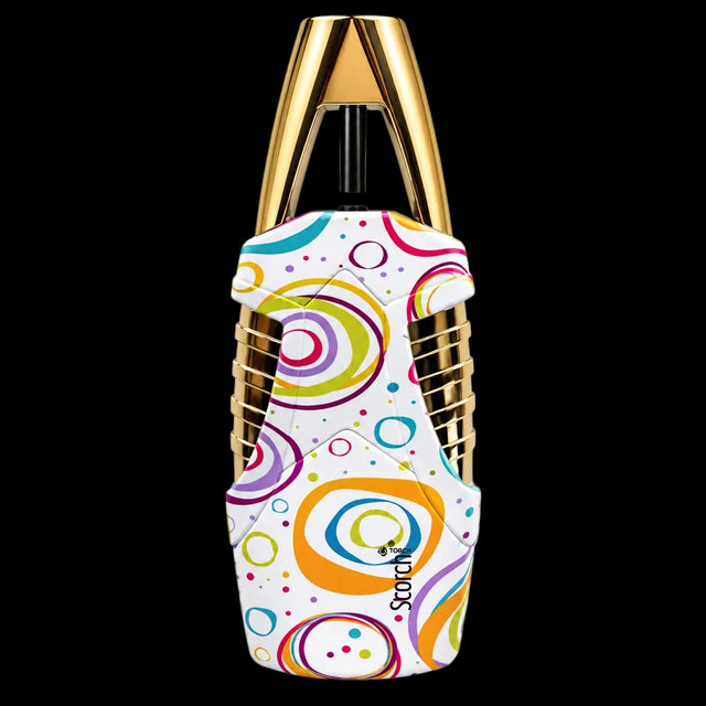 A modern corkscrew with a gold metallic body and a white protective sleeve decorated with a colorful retro swirl pattern, shown on a plain white background.