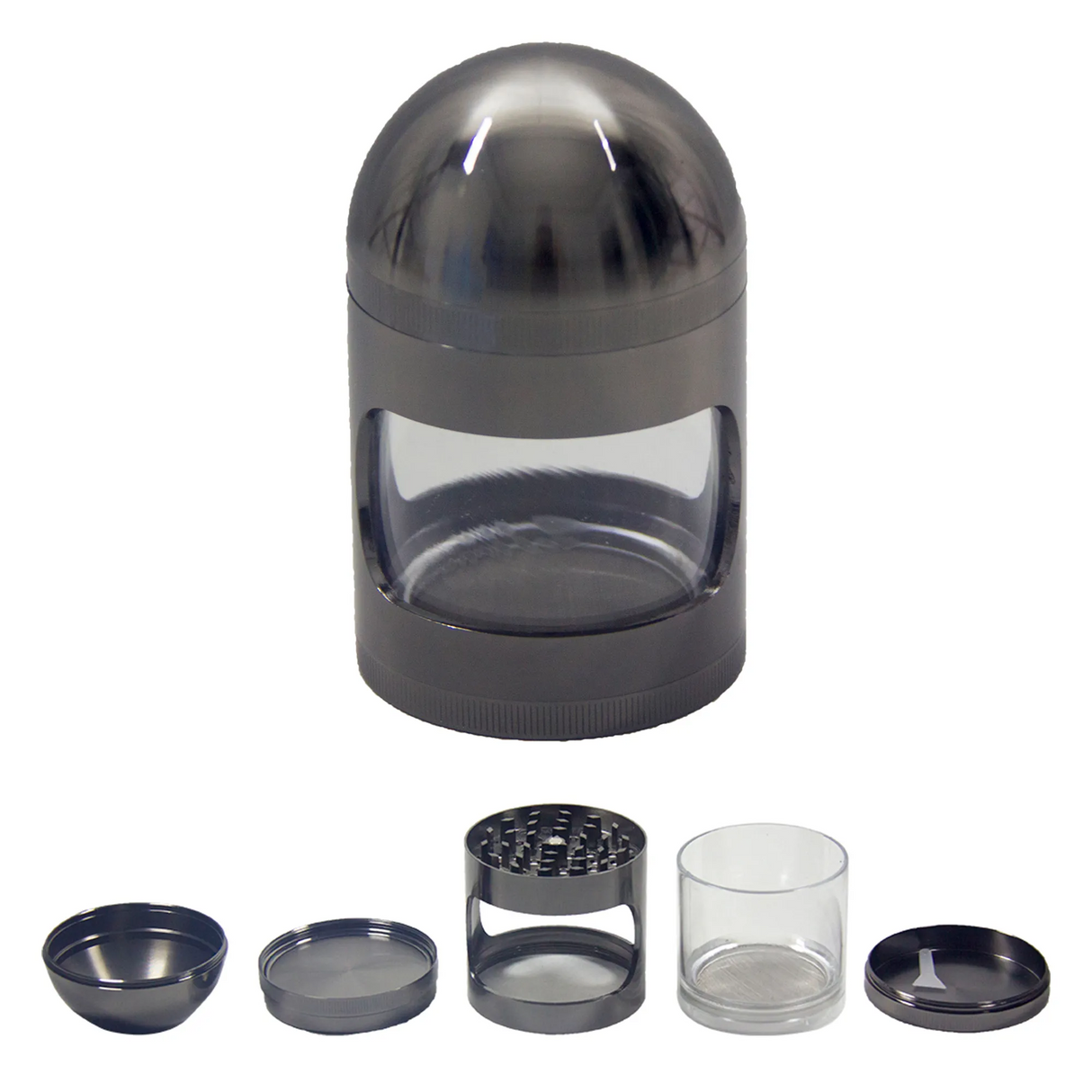 5-part dome top metal grinder with transparent window and precision-cut teeth.