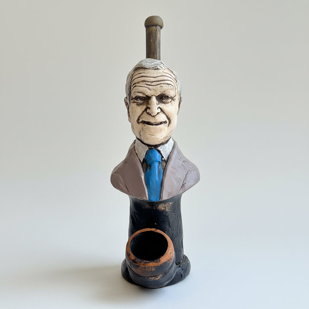 A novelty smoking pipe shaped like a caricature bust of a man in a suit and blue tie, displayed on a white table in front of a large window with a city view.