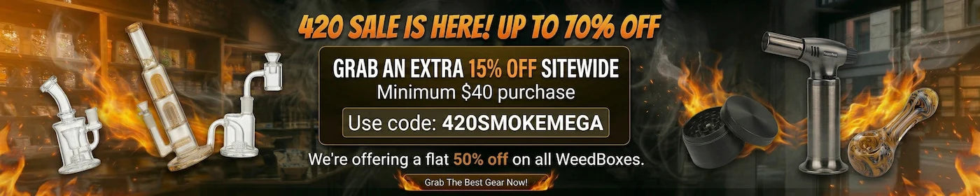 Promotional banner for a 420 sale with discounts on smoking accessories