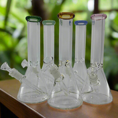 Classic design Glass Bong 8inch with strong glass and vibrant rim accents.