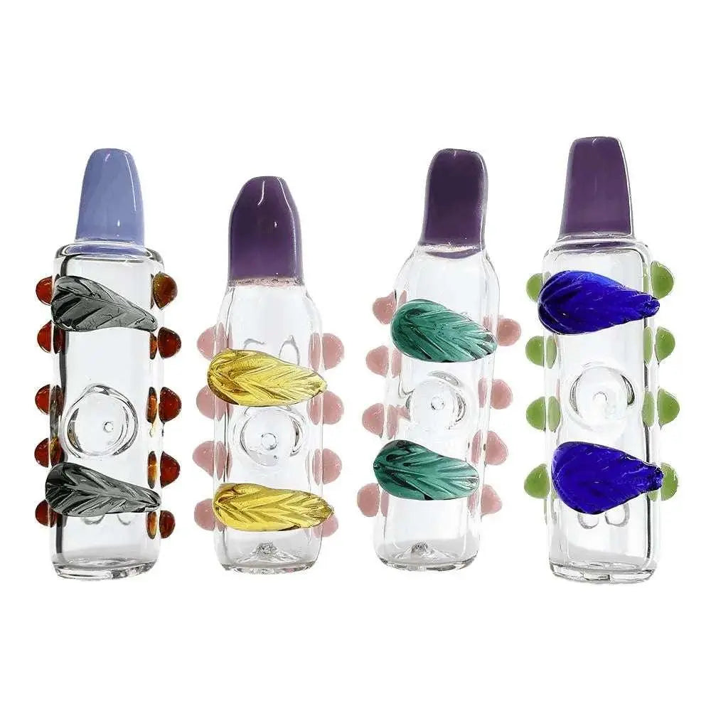 6" glass hand pipe with leaf and dot design, handmade, round shape, available in various colors.