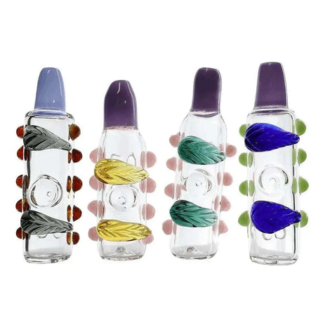 6" glass hand pipe with leaf and dot design, handmade, round shape, available in various colors.