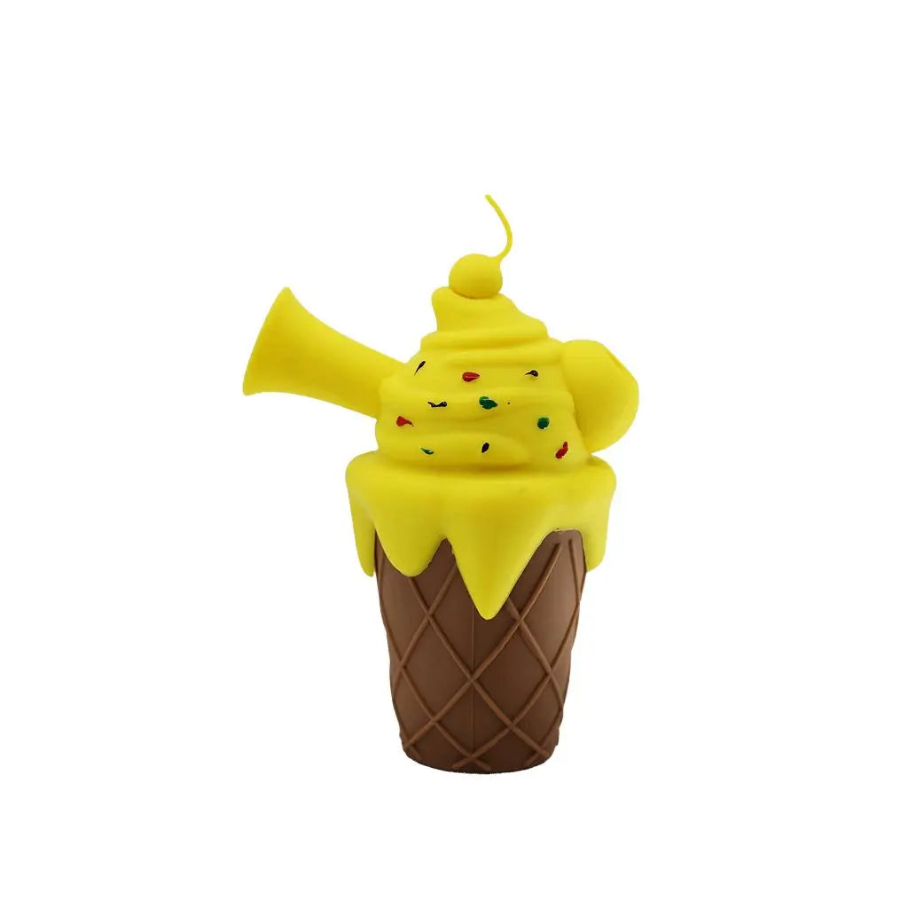 6" ice cream silicone dab rig in yellow with cherry detail, portable and durable design.