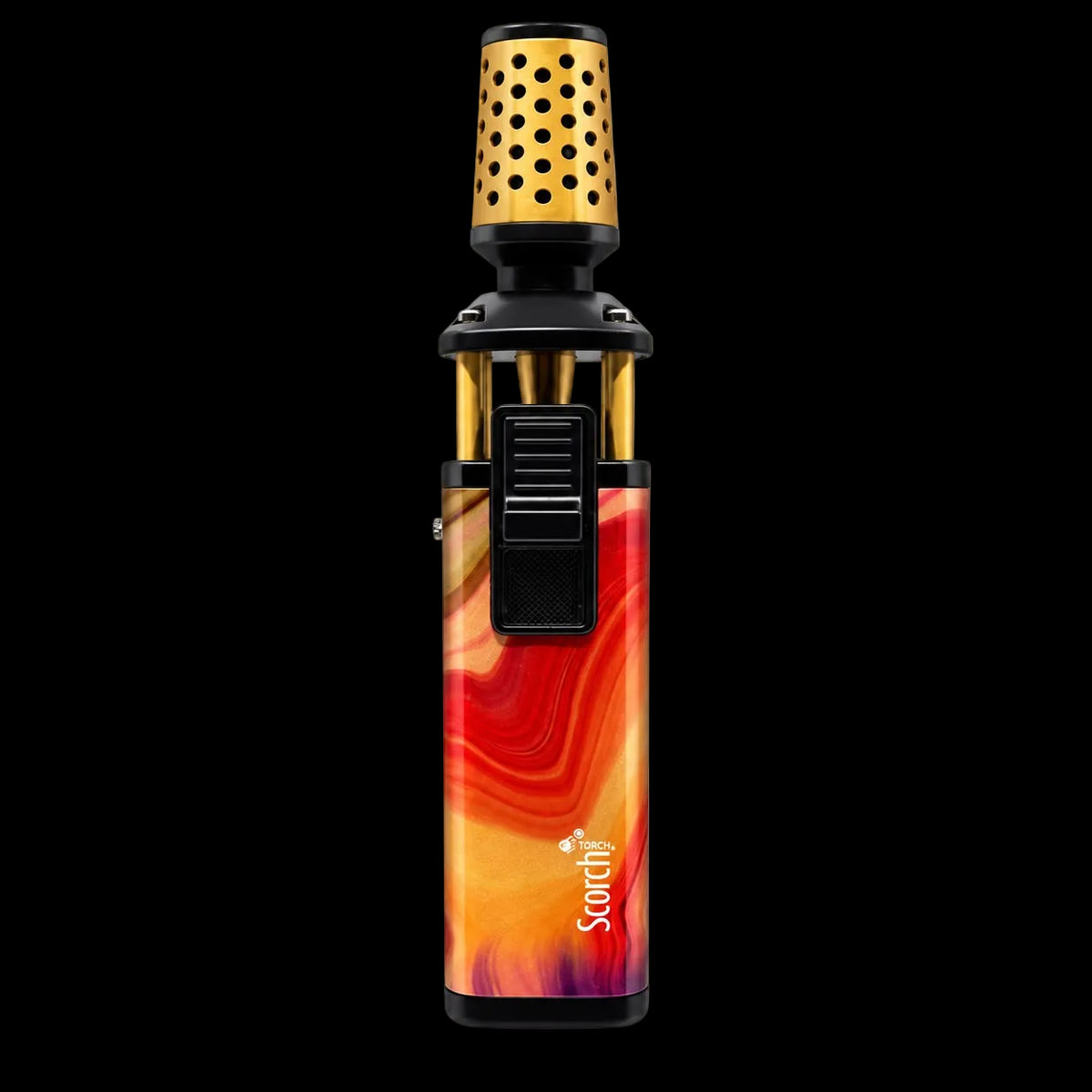 A vertical vape device with a colorful marbled pattern in orange, red, and yellow, featuring a black mouthpiece and a black front button, on a plain white background.
