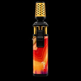 A vertical vape device with a colorful marbled pattern in orange, red, and yellow, featuring a black mouthpiece and a black front button, on a plain white background.