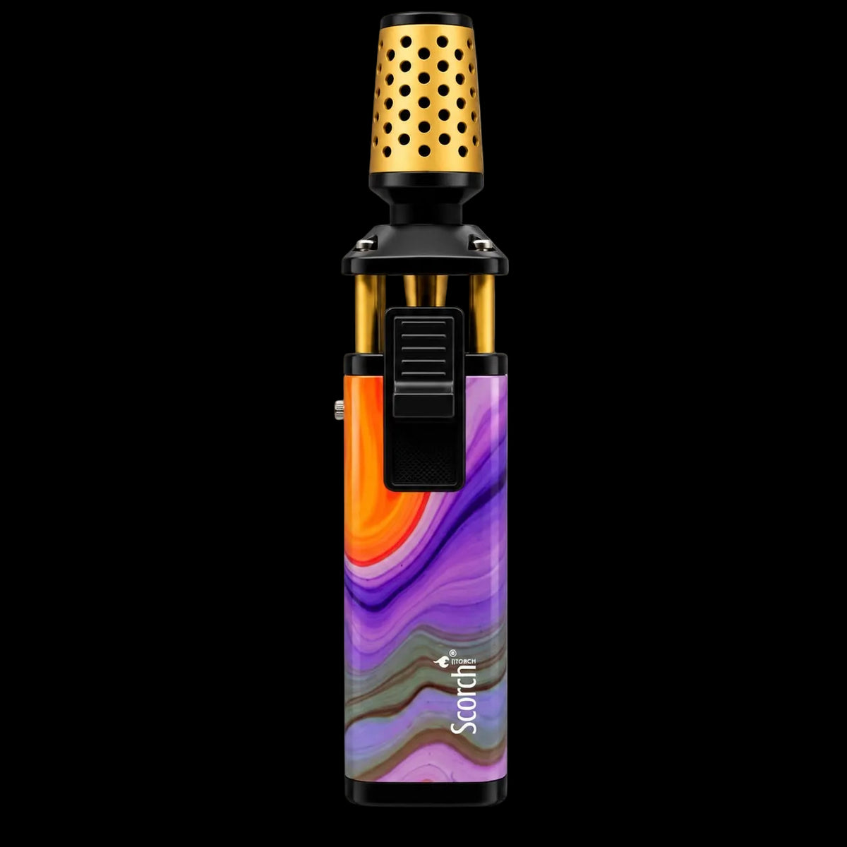 A vertical Scorch vape device with a colorful marbled pattern in purple, orange, and green, featuring a gold perforated mouthpiece and black accents.