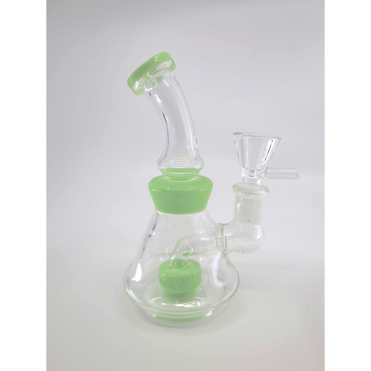 6-inch shower head dab rig with bent neck design and tobacco bowl, in durable glass.