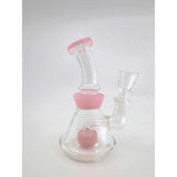 6-inch shower head dab rig with pink accents and bent neck design.