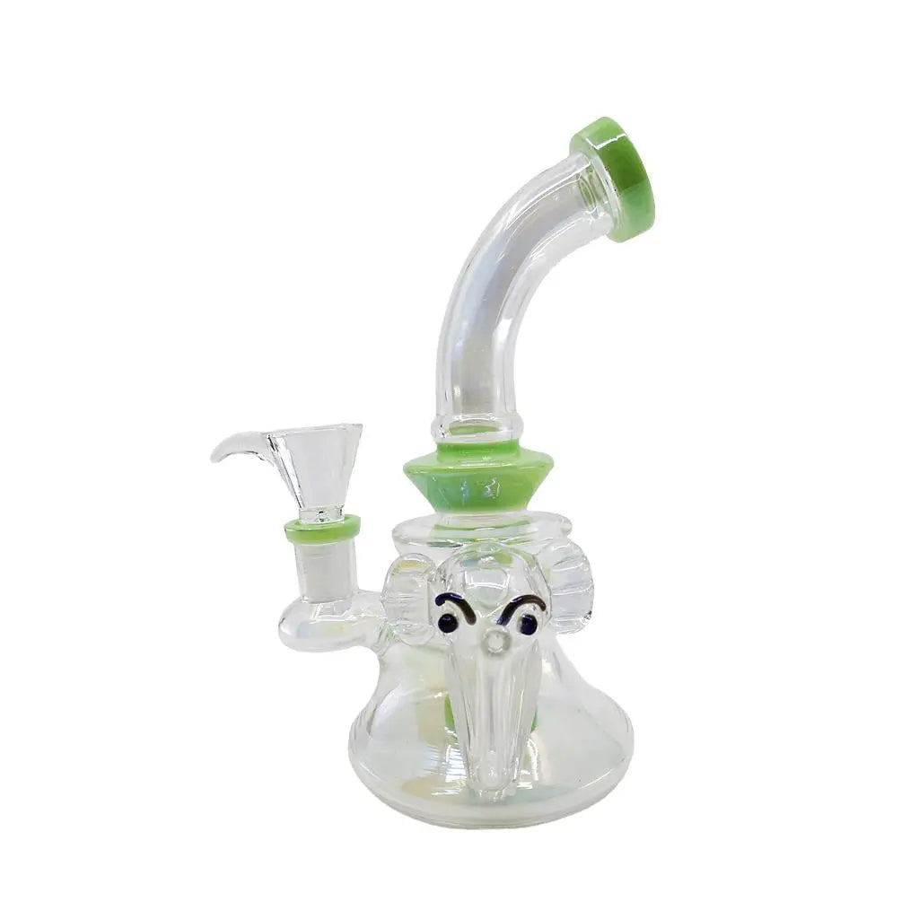 7" Elephant Head design Dab Rig with unique glass elephant head, reinforced joints, and showerhead percolator.