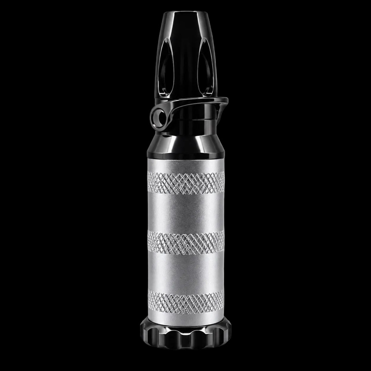 A metallic silver and black cylindrical tool or accessory with knurled grip bands and a black top handle, centered on a plain white background.