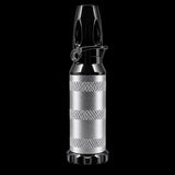 A metallic silver and black cylindrical tool or accessory with knurled grip bands and a black top handle, centered on a plain white background.