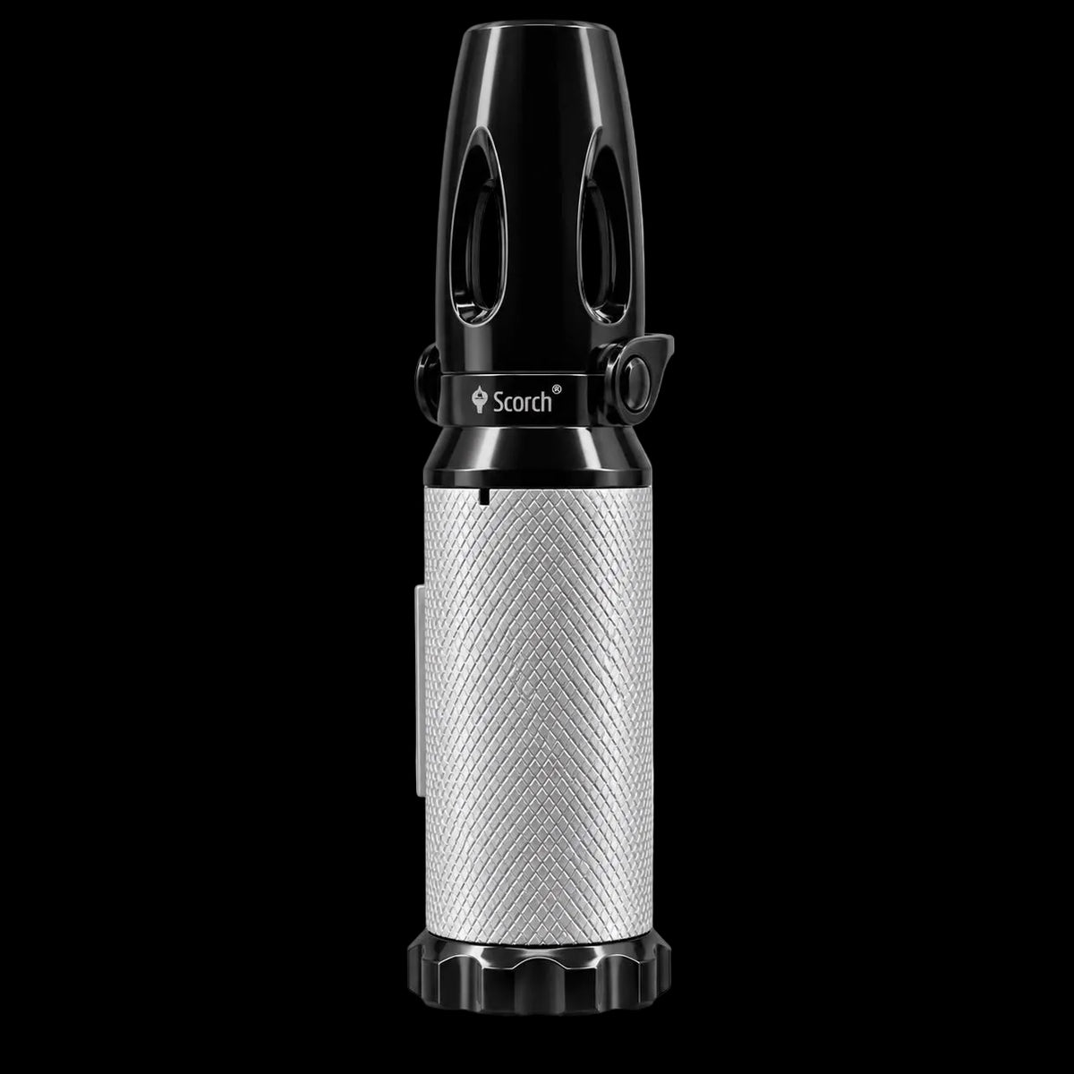A handheld personal safety device by Scorch, featuring a textured silver body, a black textured top handle, and a black base, shown on a plain white background.