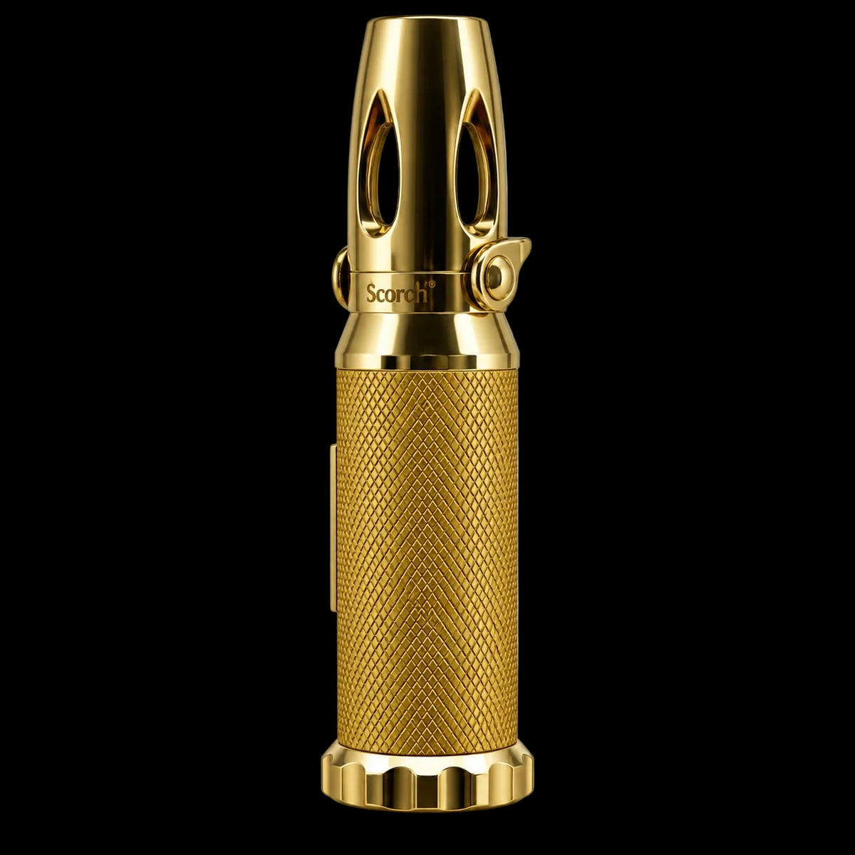 A gold-colored personal safety device, specifically a pepper spray canister, featuring a textured grip and the brand name 'Scout' printed on the collar, set against a plain white background.