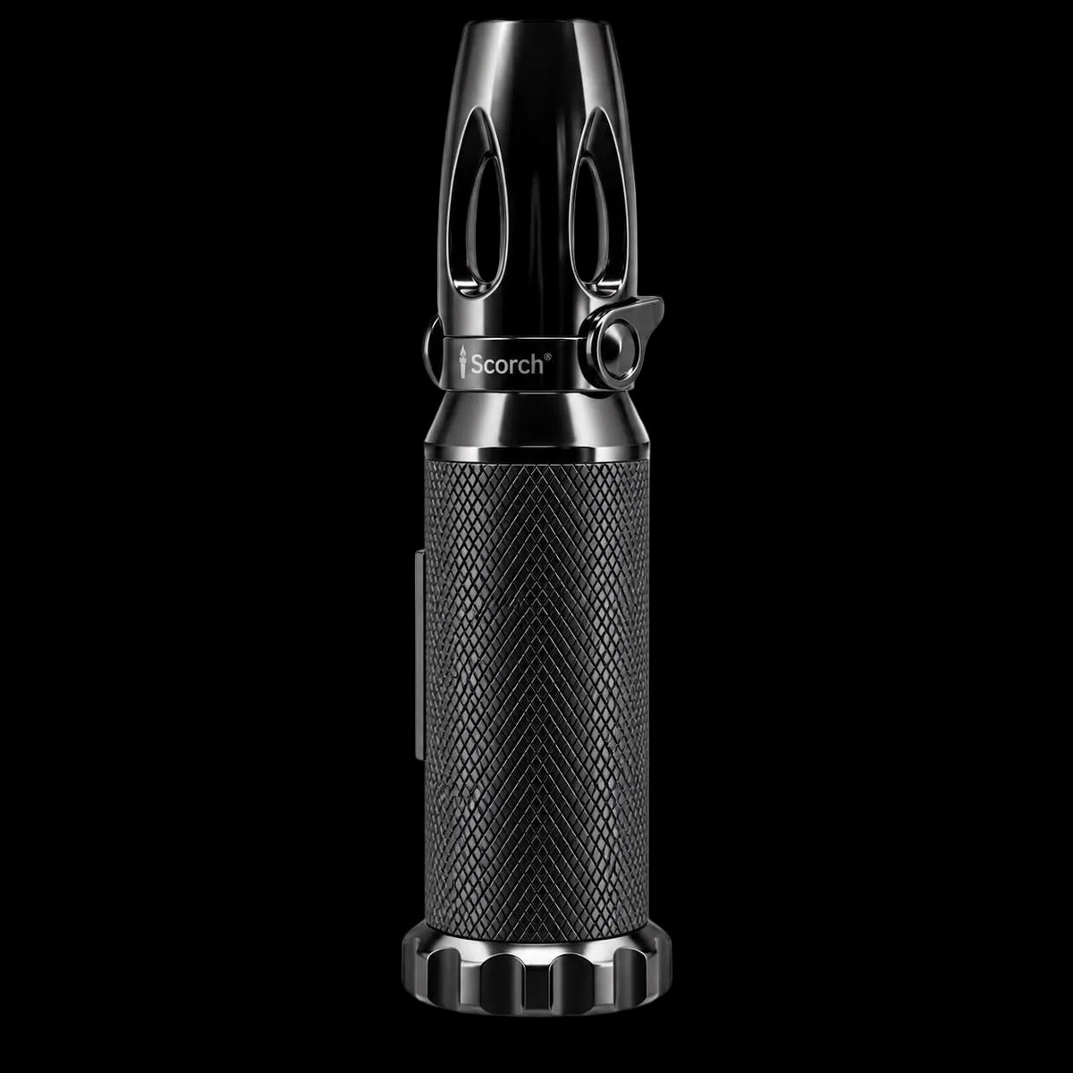 A black personal safety alarm stick by Scorch, featuring a textured grip, a ridged base, and a dual-hole top, shown on a plain white background.