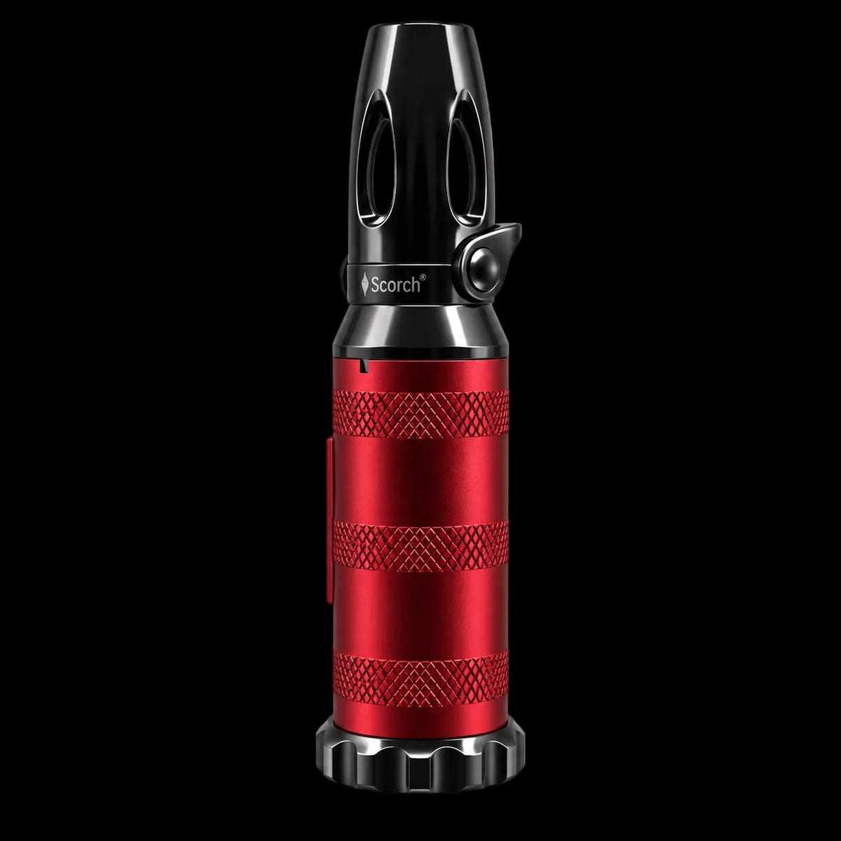A red and black portable torch lighter with a textured metallic body and a black top nozzle, shown on a plain white background. The brand name 'Scorch' is visible on the collar.