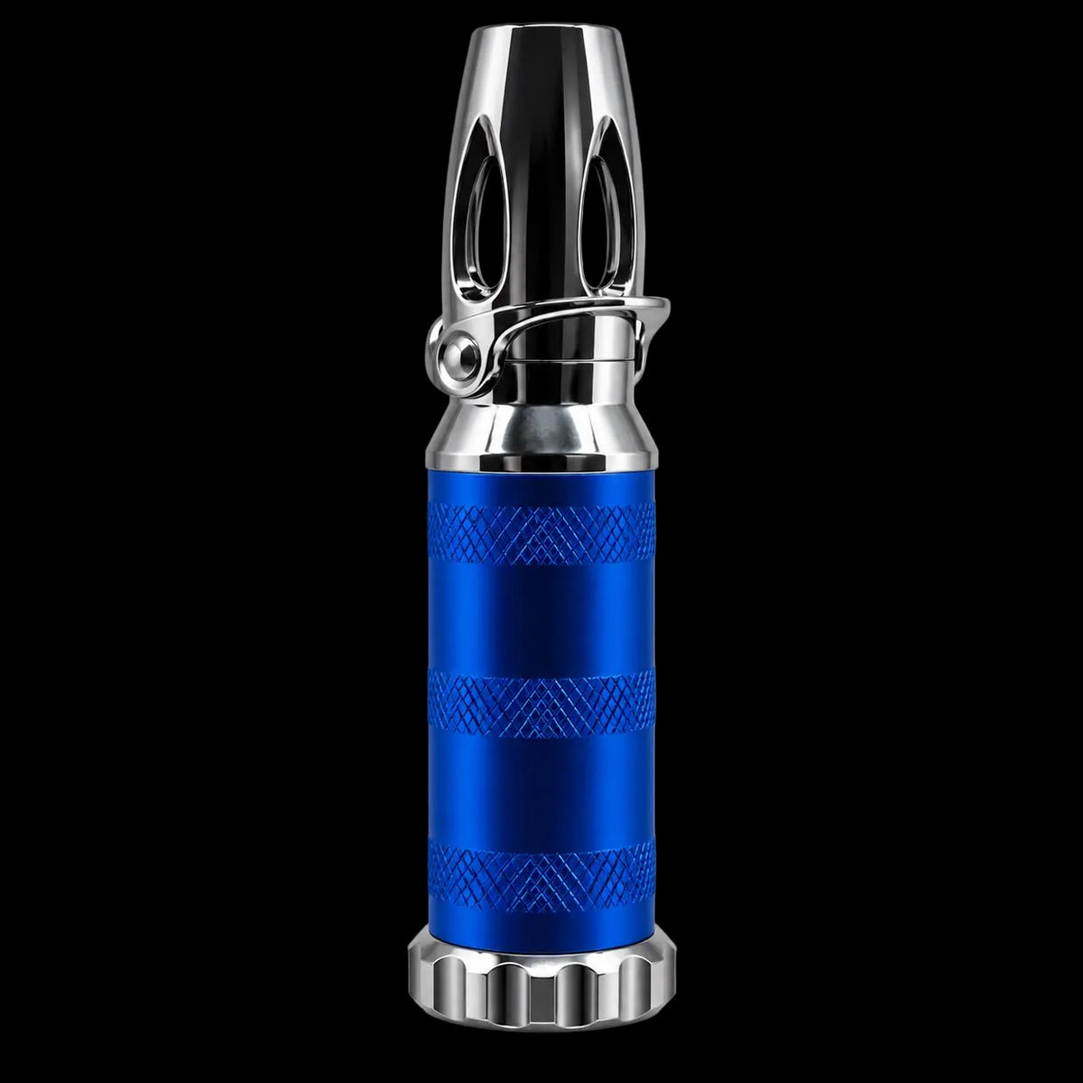 A metallic blue and silver cylindrical tool, resembling a miniature lighter or torch, shown on a solid white background.