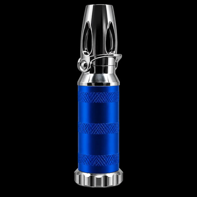 A metallic blue and silver cylindrical tool, resembling a miniature lighter or torch, shown on a solid white background.