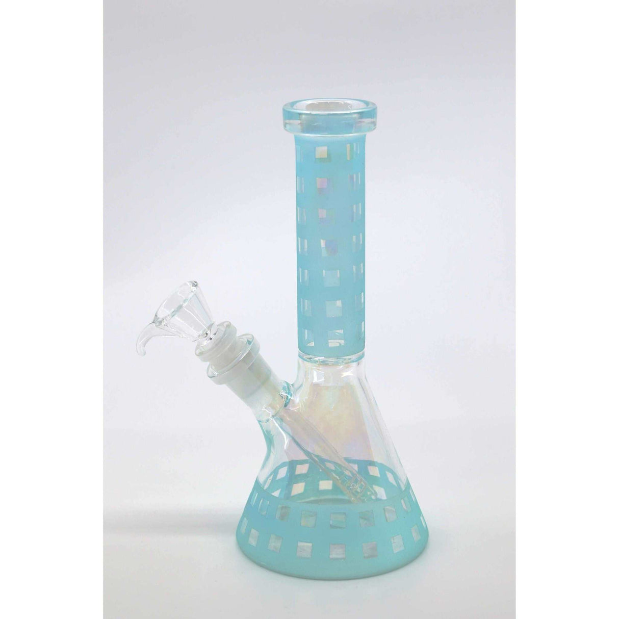 8 inch glow in the dark beaker bong made of durable iridescent borosilicate glass with ice catcher and 14mm bowl.