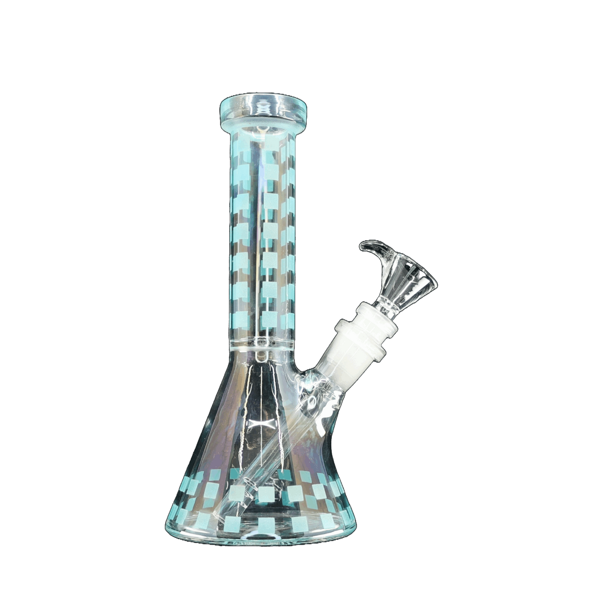 8 inch glow in the dark bicker bong, iridescent beaker style, durable borosilicate glass.