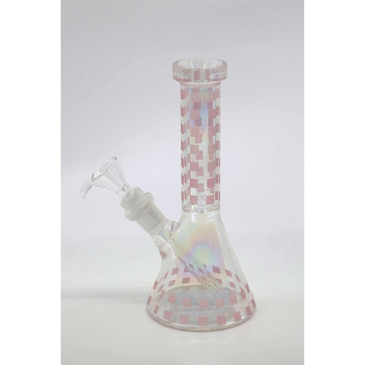 8 inch Glow In The Dark Beaker Glass Bong with iridescent finish and 14mm bowl attachment.